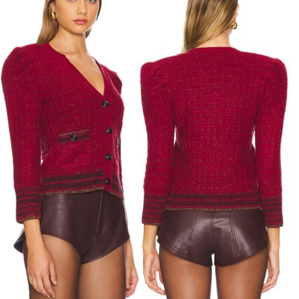 L’AGENCE NWT Jenni Striped Button Front Cardigan Large waffle knit puff sleeves - Picture 12 of 12